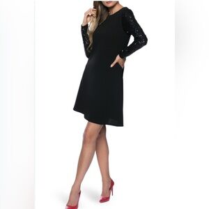 NEW Marina Black Boatneck Sequined Sleeved A-Line Shift Dress sze 6 Midi